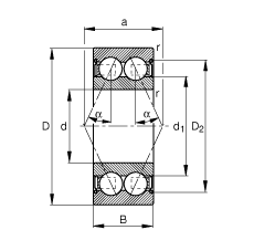 角接觸球軸承 3812-B-2Z-TVH, 雙列，雙側(cè)間隙密封，接觸角 α = 25°