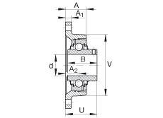 軸承座單元 RCJTY1, 對角法蘭軸承座單元，鑄鐵，根據(jù) ABMA 15 - 1991, ABMA 14 - 1991, ISO3228 內(nèi)圈帶有平頭螺栓，R型密封，英制